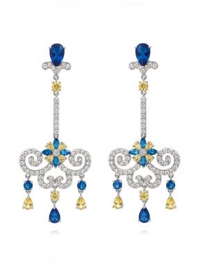 Blue Yellow CZ Scroll Drop Dangle Silver Earrings